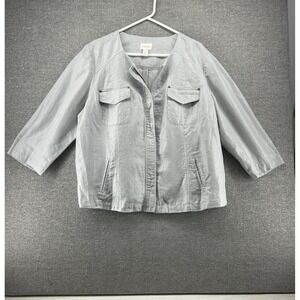 Chicos Blazer Jacket Women Sz 3 Metalic Finish Light Gray 3/4 Sleeve 100% Linen